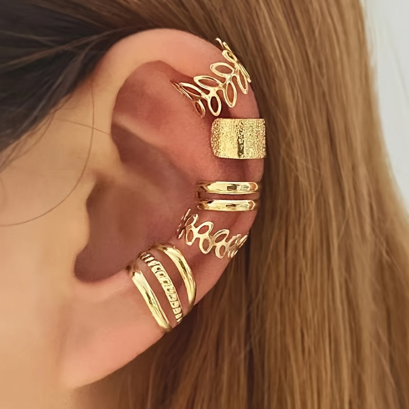 Set of 5 Elegant Hollow Leaf Ear Cuffs – Versatile Non-Pierced Clip-On Cuffs for Women – Lightweight Daily Fashion Jewelry